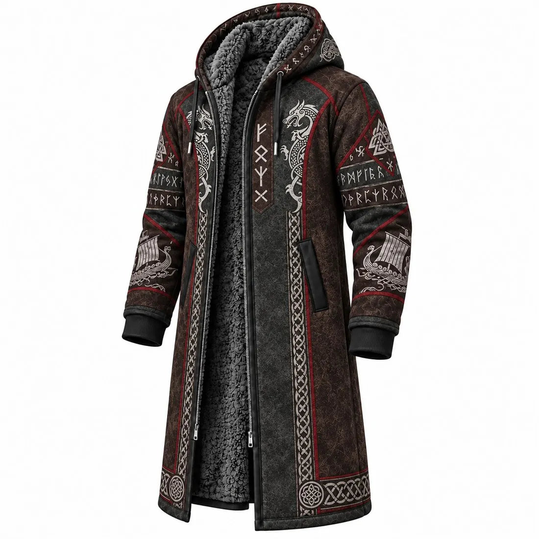 Dark Brown Viking Longship Fleece-Lined Long Coat