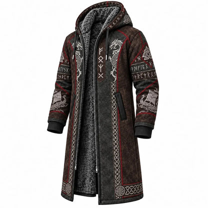 Dark Brown Viking Longship Fleece-Lined Long Coat
