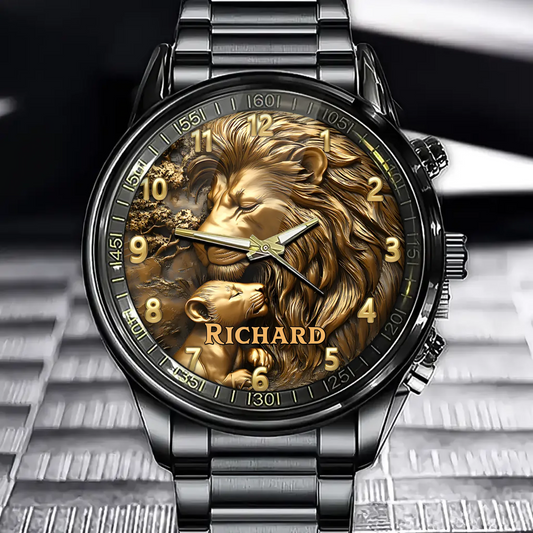Personalized Lion Heart Watch - Father and Cub Lion Design