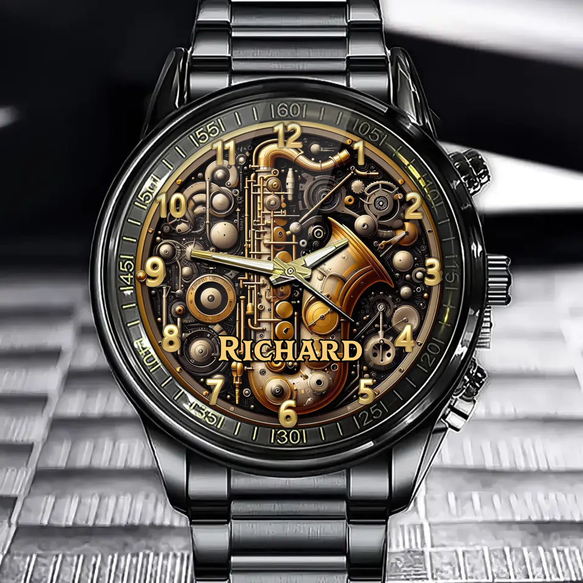 Personalized Steampunk Saxophone Metallic Art Watch