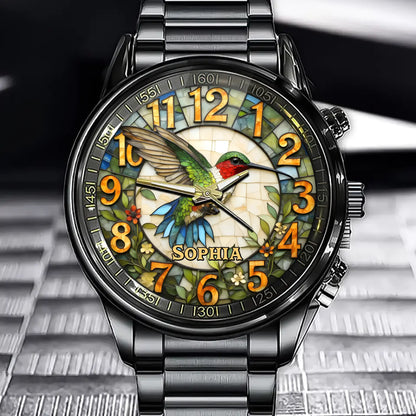 Personalized Hummingbird Stained Glass Print Watch with Custom Name