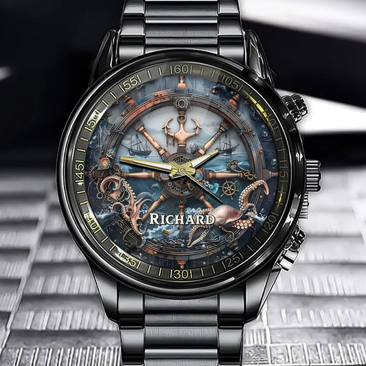 Personalized Steampunk Helm Watch – Custom Name Design with Nautical Flair