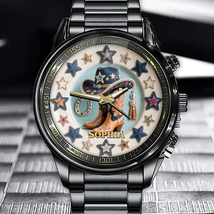 Custom Cowgirl Boots and Hat Watch - Add Your Name to This Unique Western Style