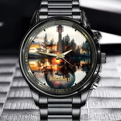 Personalized Sunset Reflection Guitar Watch - Add Your Name for a Timeless Design