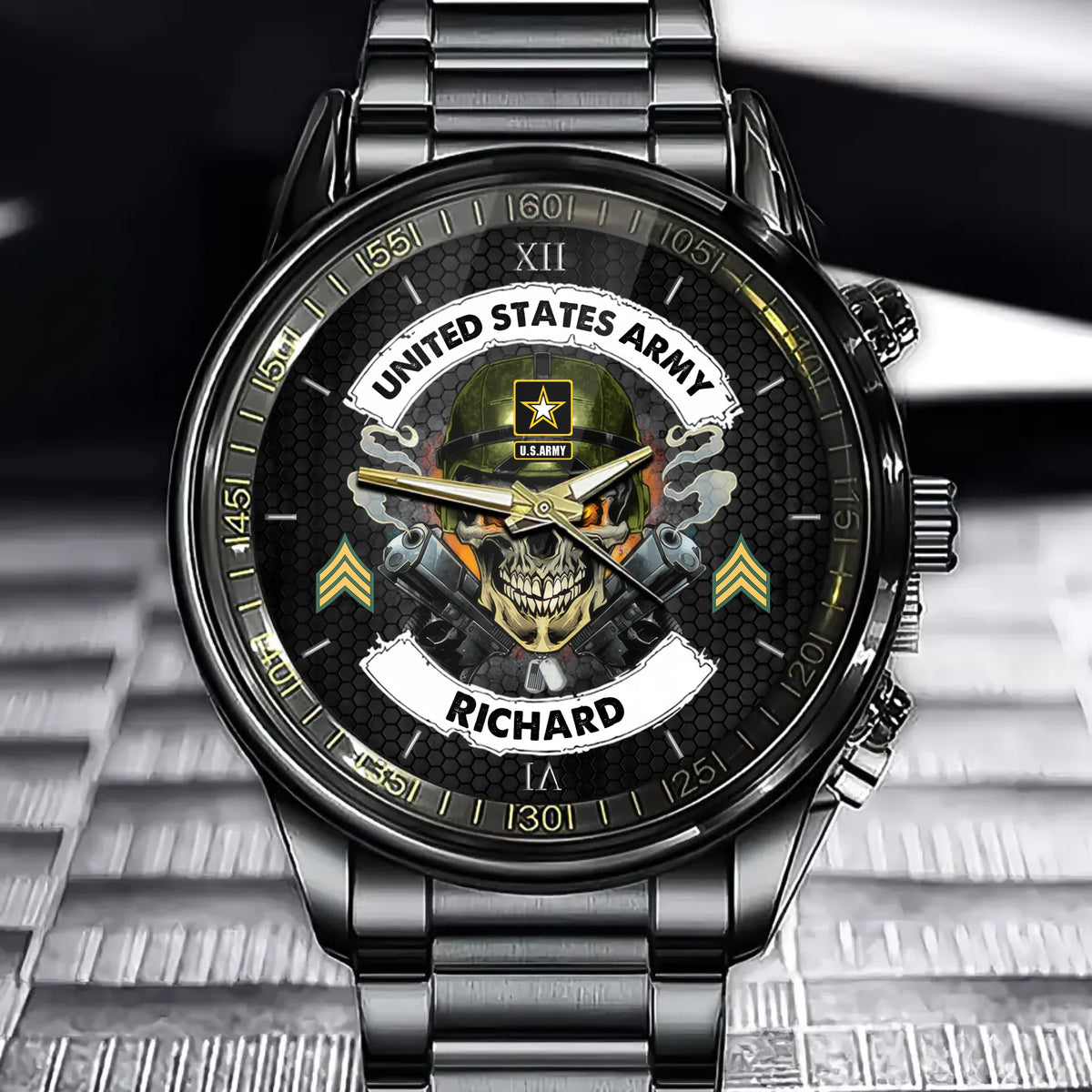 Custom Veteran Skull Watch - Personalized Branch, Rank, and Name