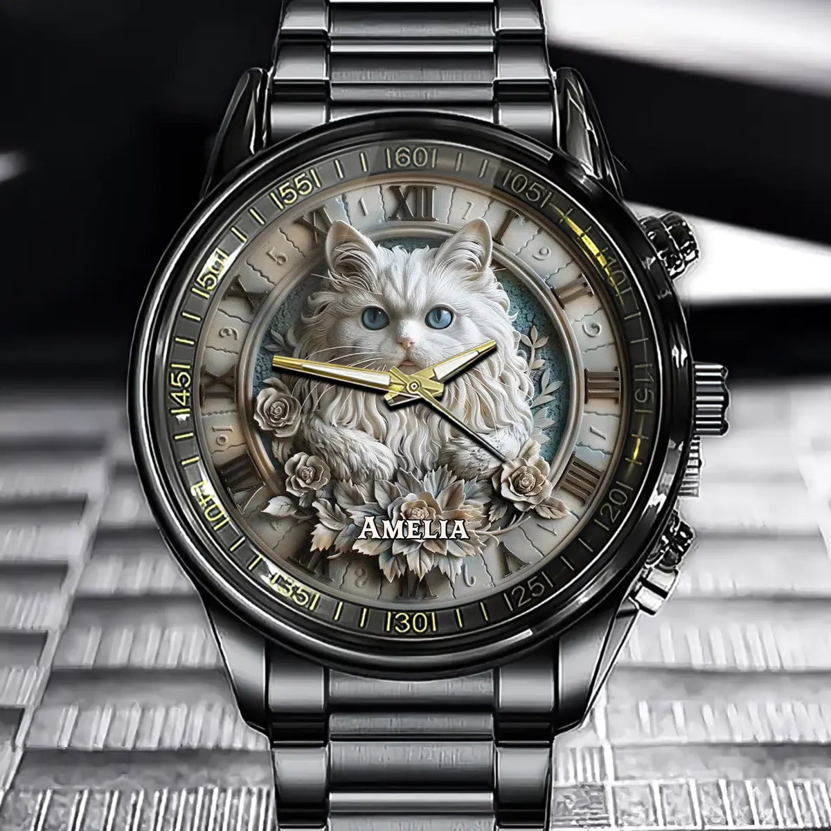 Personalized Cat Lover's Watch Face - A Unique Artistic Gift With Your Name
