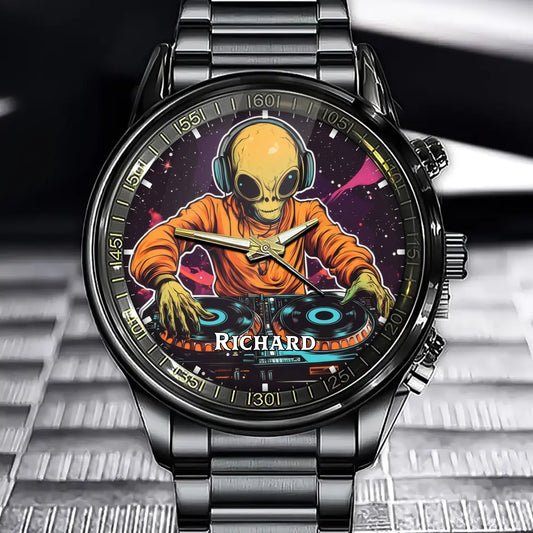 Personalized Alien DJ Watch with Your Name on the Stellar Turntable Design for Music Lovers