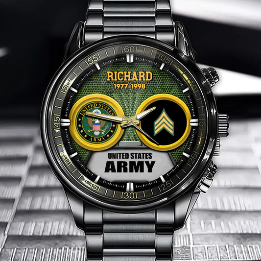 Personalized Military Watch - Custom with Military Branch, Rank, Name, Years To Show Your Duty and Honor