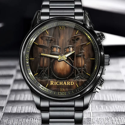 Personalized Rustic Drum Set Watch - Add Your Name to the Heartbeat of Music