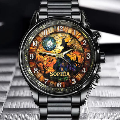Personalized Witch Night Stained Glass Watch – Add Your Name for a Magical Touch