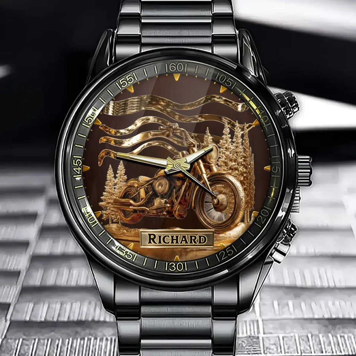 Personalized Gold Forest & Motorcycle Watch – Perfect Gift for Riders