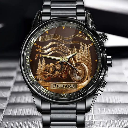 Personalized Gold Forest & Motorcycle Watch – Perfect Gift for Riders