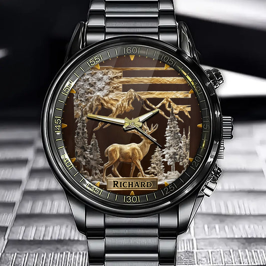 Personalized Wildlife Explorer Gold Deer Watch – Golden Forest & American Flag Series
