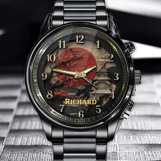 Personalized Japanese Samurai Culture Watch - Custom Engraved Name Design