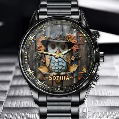 Personalized Owl Watch for Women – Custom Name Rustic Forest Animal Dial