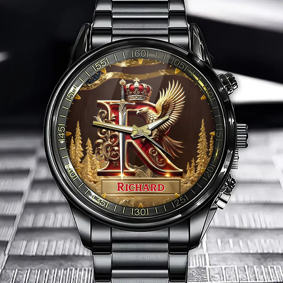 Personalized Engraved A Monogram Watch with Royal Elements - Custom Watch with Sword & Eagle Design