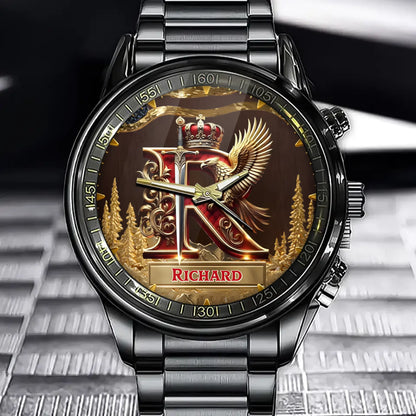 Personalized Engraved A Monogram Watch with Royal Elements - Custom Watch with Sword & Eagle Design