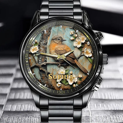 Personalized Wooden Bird-Shaped Watch - A Custom-Made Piece That Blends Floral And Textured Wood Veneer Design
