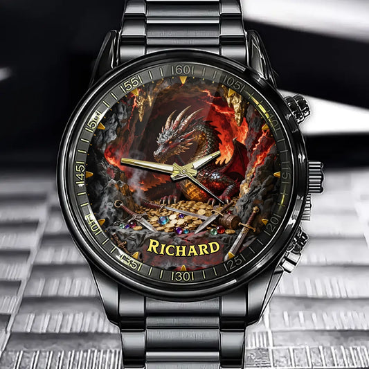 Personalized Fantasy Dragon Watch - Custom Name with Intricate Treasure Cave & Dragon Art