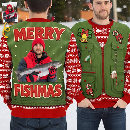 Custom Photo Unisex Ugly Sweatshirt - Personalized Christmas Birthday Fishing Gifts For Fisherman - Santa’s Fishing Buddy Since Forever