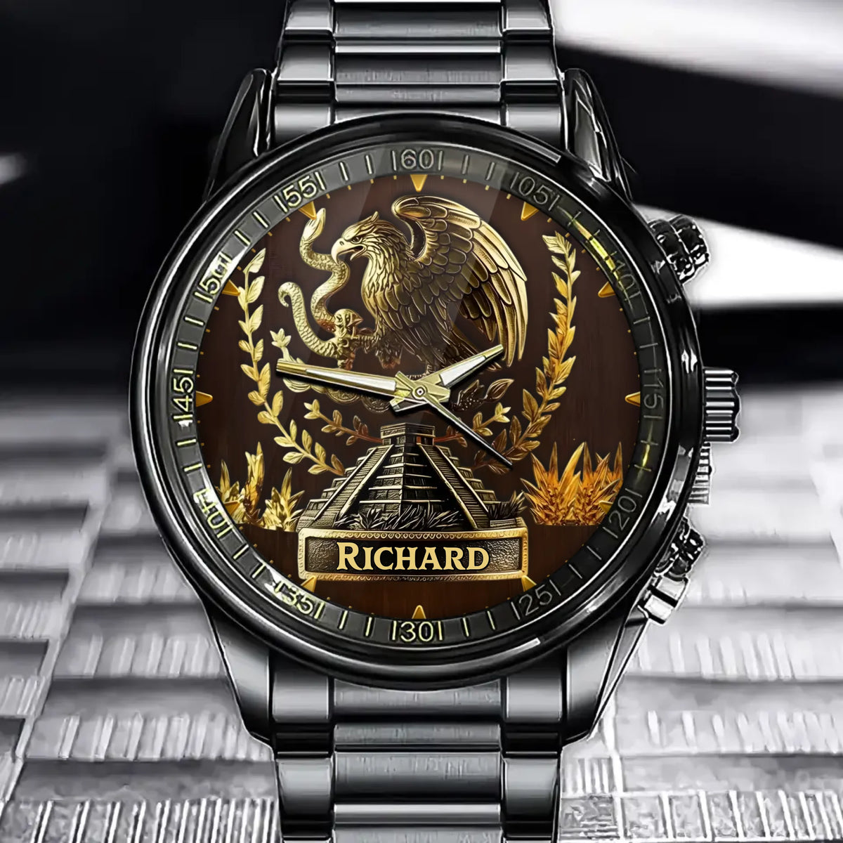 Personalized Mexican Eagle Pyramid Watch - Emblem Dial with Custom Name