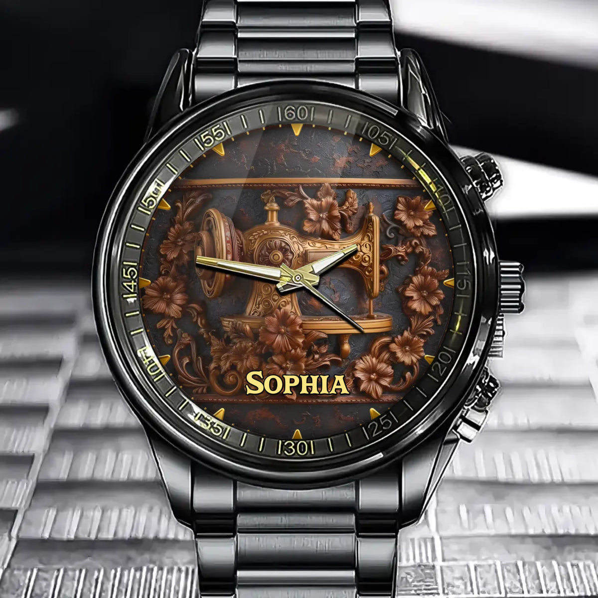 Personalized Sewing Lover Watch - Ornate Vintage Machine Dial with Custom Name Addition