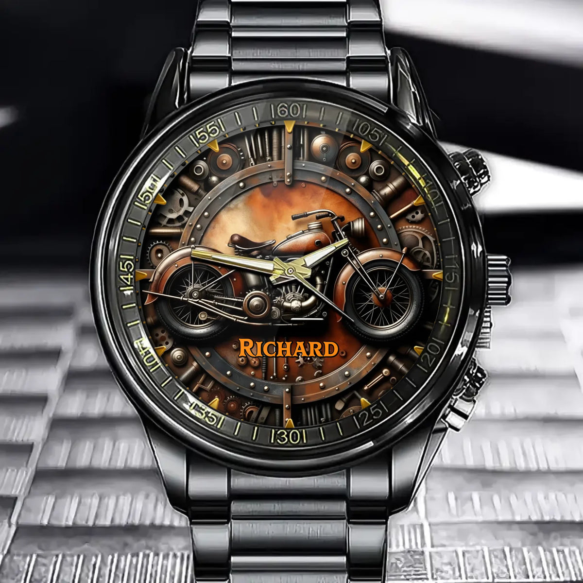 Personalized Steampunk Motorcycle Watch - Engraved With Your Name, Featuring A Unique Retro Industrial Style.