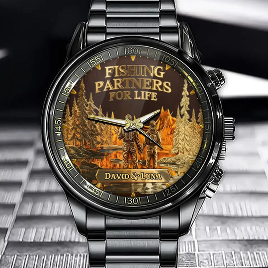 Personalized Fishing Companion Watch - Woodland & Lake Scene Design with Custom Name