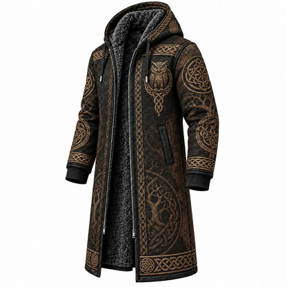 Black Viking Owl Knotwork Fleece-Lined Long Coat