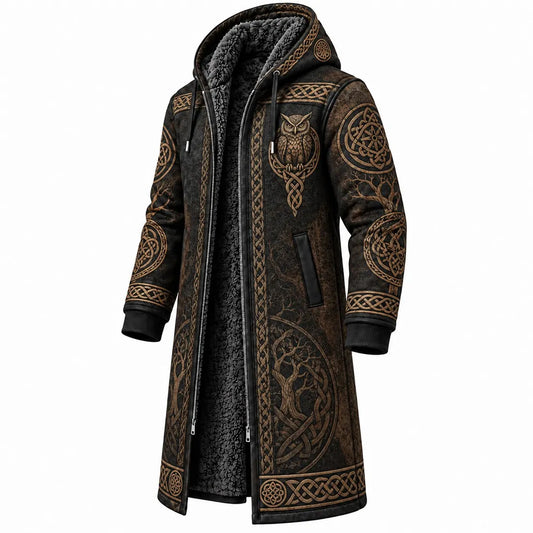 Black Viking Owl Knotwork Fleece-Lined Long Coat