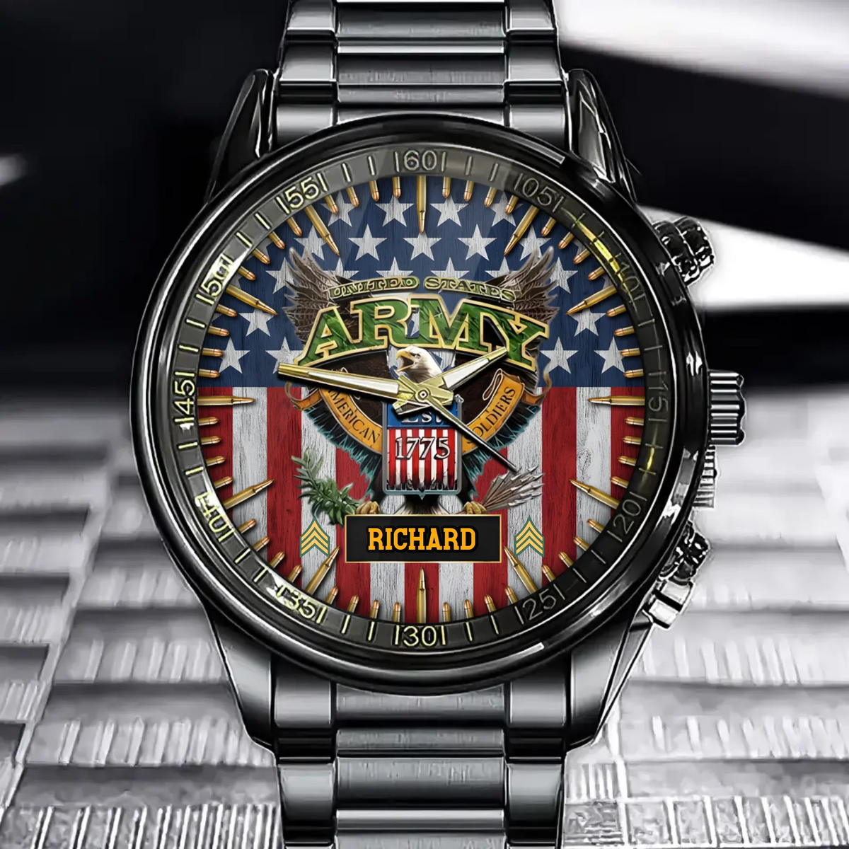 Personalized Military-Themed Watch—Featuring The American Flag And Unit Insignia, And You Can Customize Them By Adding Your Name.