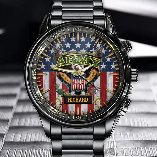 Personalized Military-Themed Watch—Featuring The American Flag And Unit Insignia, And You Can Customize Them By Adding Your Name.