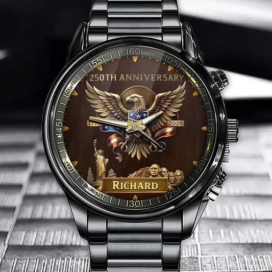 Personalized USA 250th Anniversary Watch - Eagle, Statue of Liberty & Mount Rushmore Motif Dial with