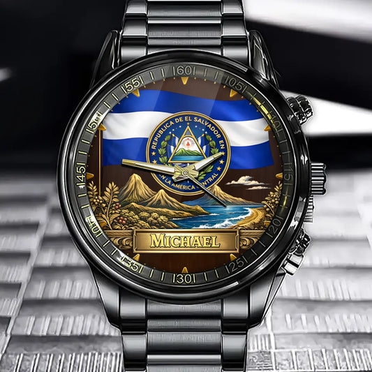 Personalized El Salvador Flag And Coat Of Arms Watch - A Gift For Those Who Love Cultural Pride.