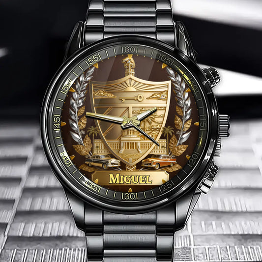Personalized Cuban Emblem Watch – Add Your Name, Golden Shield Design