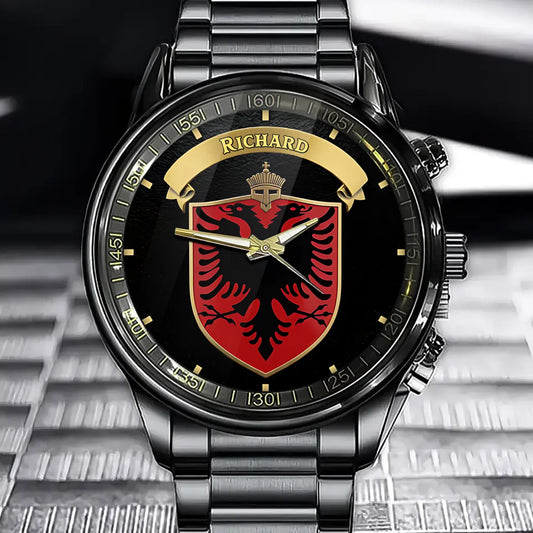 Personalized Albanian National Emblem Watch - Double-Headed Eagle, Crown & Gold Banner Detailed Design with Custom Name