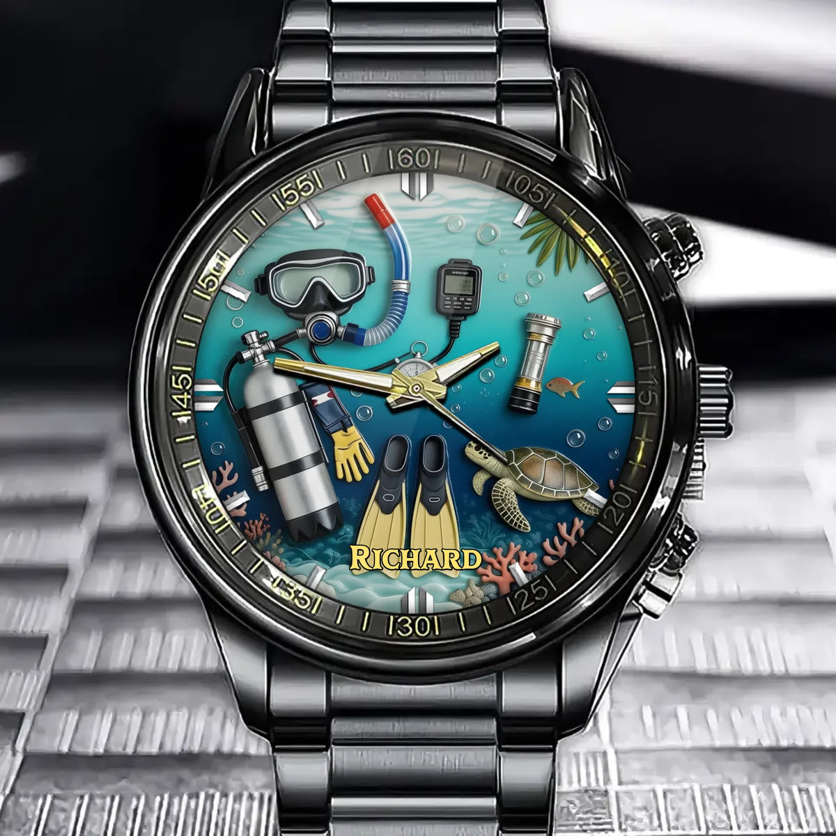 Personalized Diving Theme Watch - Underwater Gear & Turtle Design with Custom Name