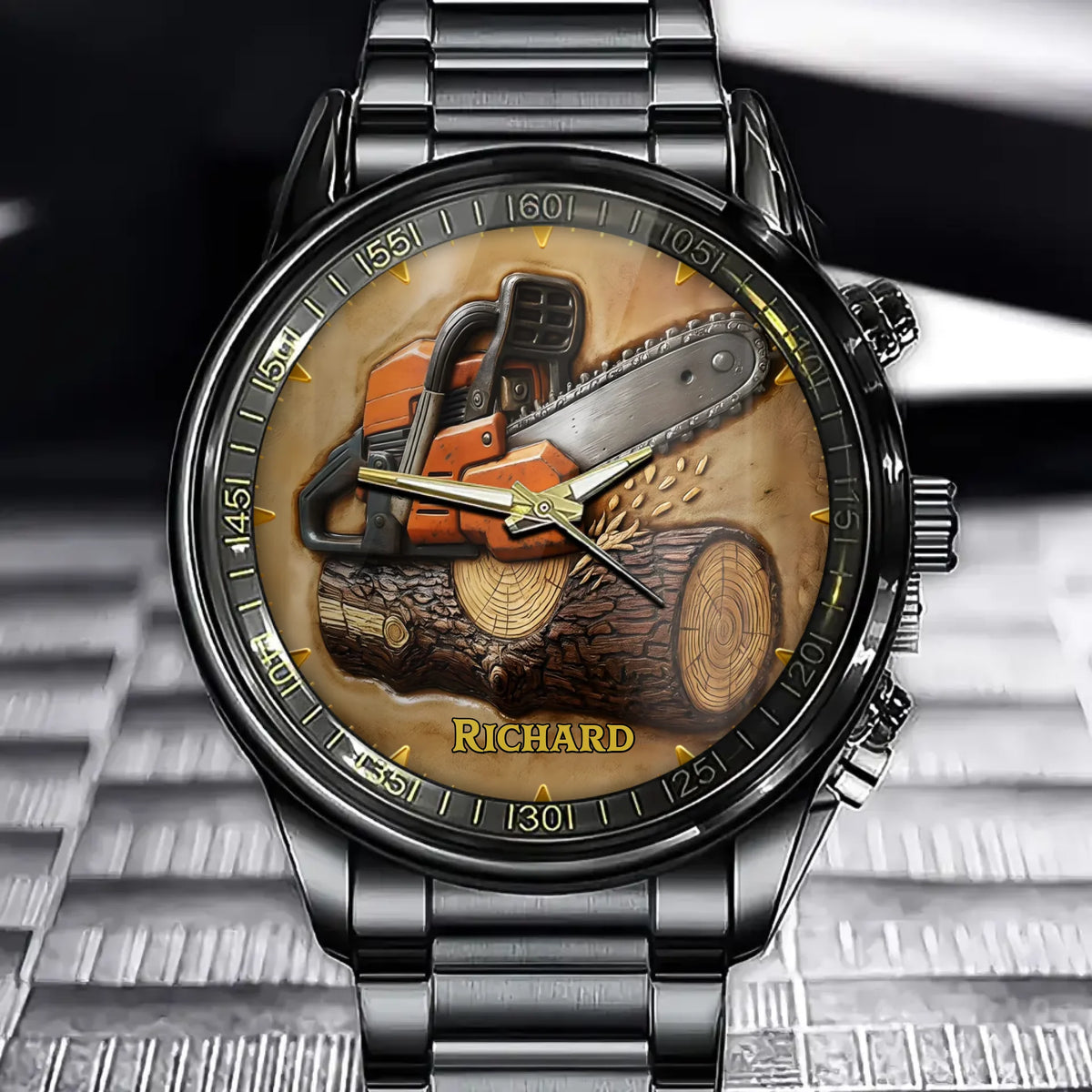 Personalized Chainsaw And Wooden Watch – Rustic Woodworking Style With Customizable Name