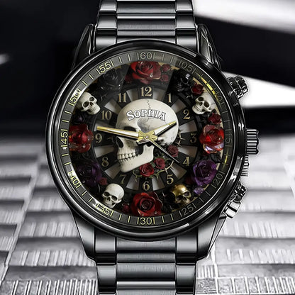 Personalized Gothic Skull Watch - Cross & Rose Design And Custom Name
