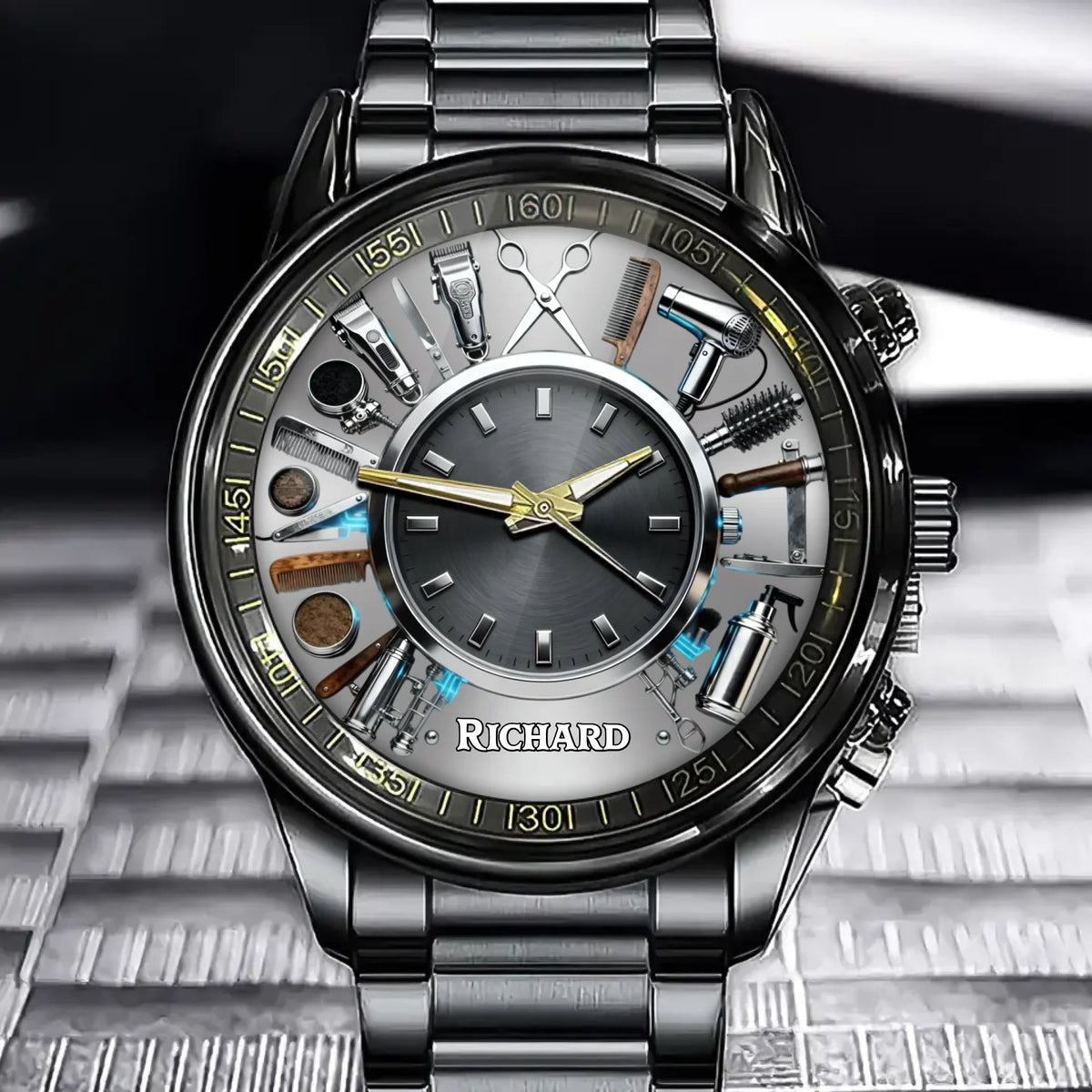 Personalized Barber Theme Watch - Hair Styling Tools Design with Custom Name Personalization