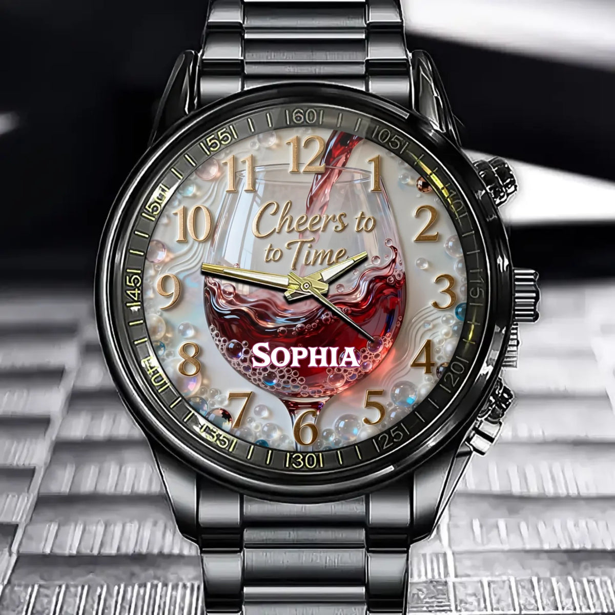 Personalized Wine Glass "Cheers to Time" Watch - Custom Name for Red Wine