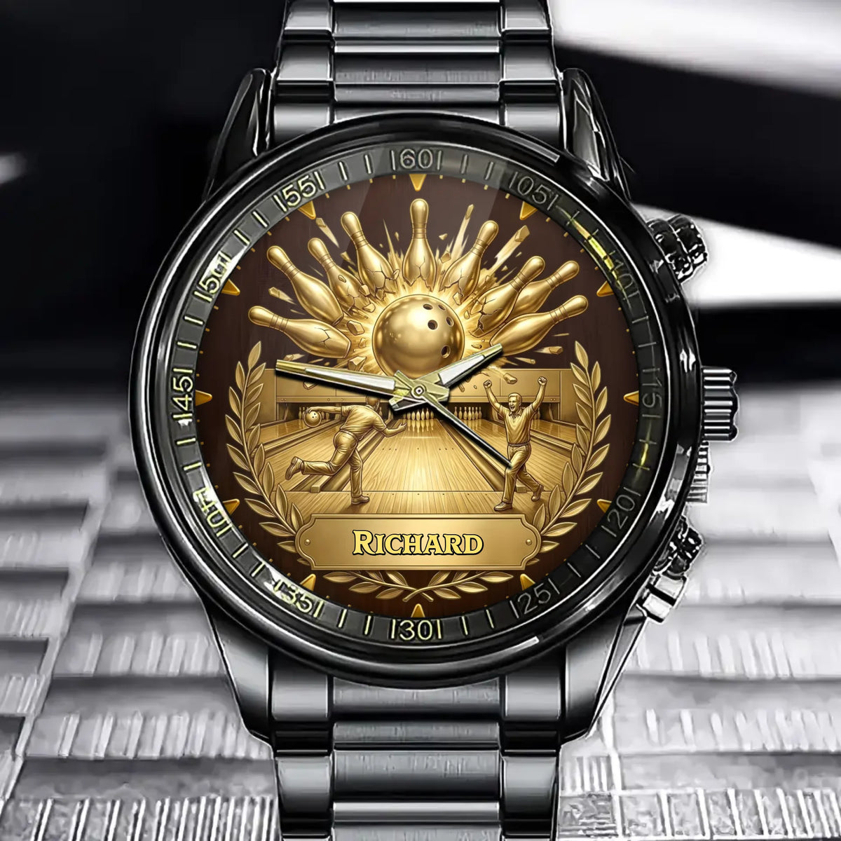 Personalized Bowling Watch with Custom Striking Pins and Ball Design