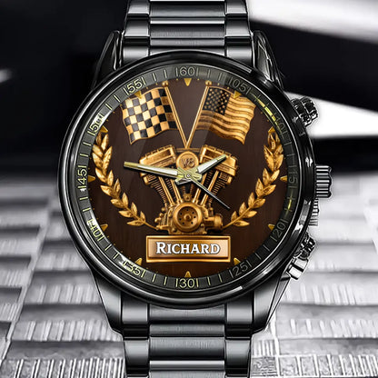 Personalized V8 Engine Watch - Custom Watch With Driver's Flag And American Flag Style