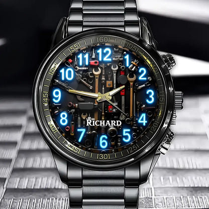 Personalized Tool Workshop Watch - Station & Glowing Number Theme with Custom Name