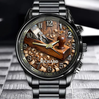 Personalized Woodworking Tools Watch - Plane & Mallet Theme with Custom Name Option