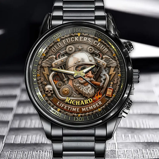 Personalized Old Fuckers Club Watch - Biker Helmet & Gear Theme with Custom Name Option