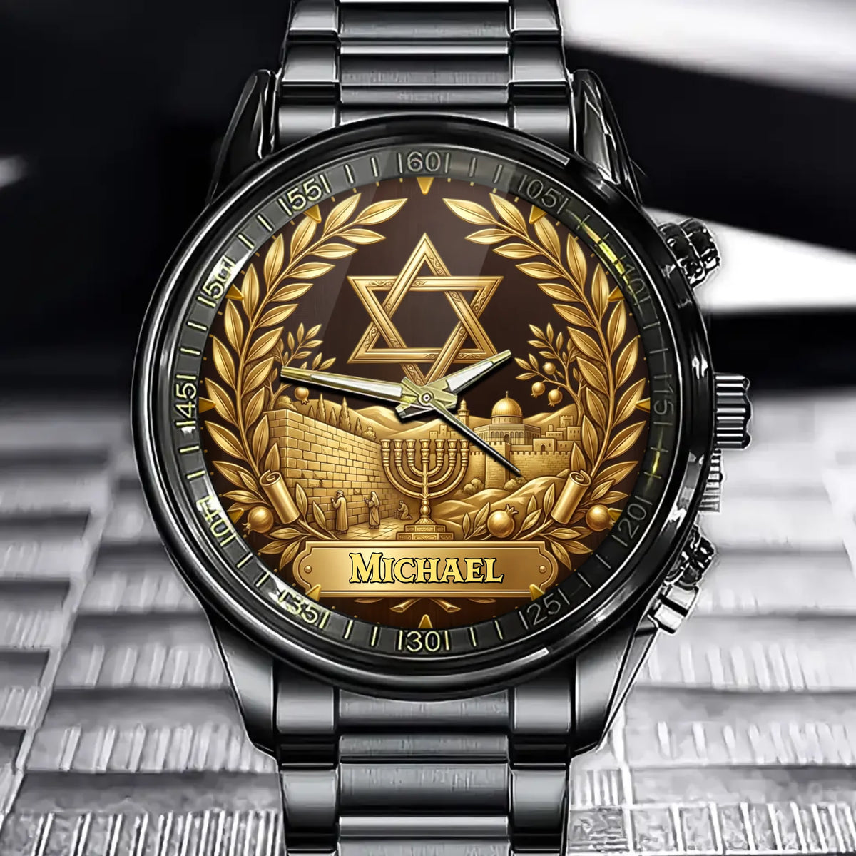 Personalized Hanukkah Heritage Watch – Custom Name Edition with Jewish Symbols