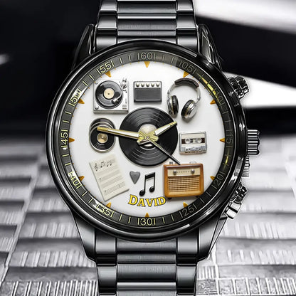 Personalized Vinyl Record Watch - Retro Music Gear Theme with Custom Name