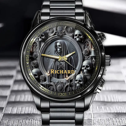 Personalized Gothic Watch - Dark Skeleton Theme with Name Custom
