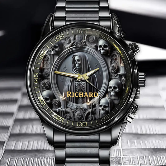Personalized Gothic Watch - Dark Skeleton Theme with Name Custom
